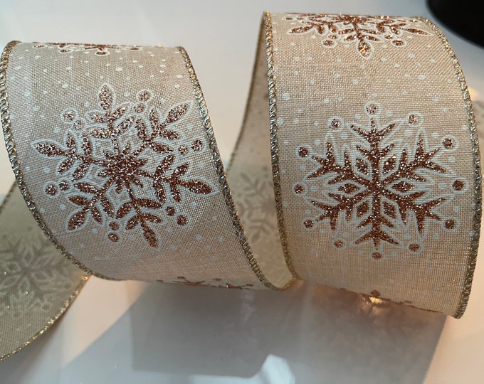 2.5” Copper Glitter Snowflakes and Polka Dots Wired Ribbon #805 - Perfect for Gift Wrapping, Wreaths, Decor & Much More! - Sold By The Yard