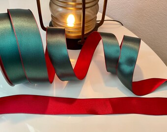 1.5” Reversible Red & Green Silky Satin Wired Ribbon #858 - Sold By The Yard
