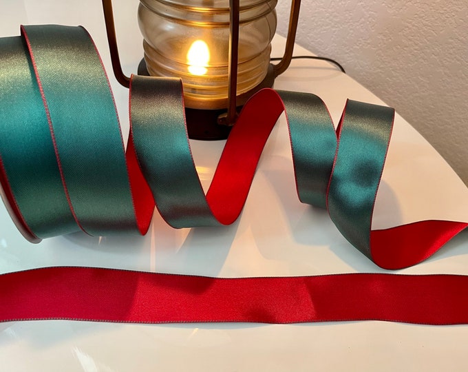 1.5” Reversible Red & Green Silky Satin Wired Ribbon #858 - Sold By The Yard