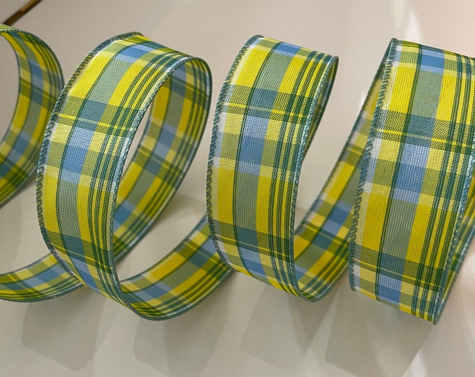1.5” Yellow, Green, & Blue Plaid Wired Ribbon #987 - Sold By The Yard