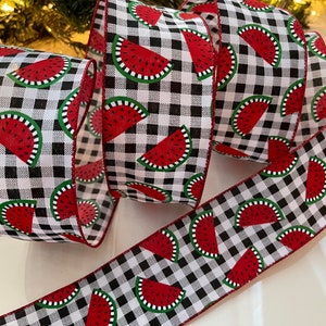 2.5” Gingham With Watermelons Wired Ribbon #154 - Sold By The Yard
