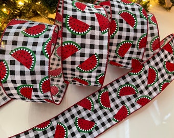 2.5” Gingham With Watermelons Wired Ribbon #154 - Sold By The Yard