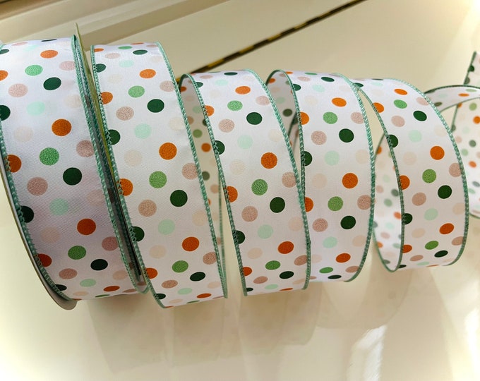1.5” Polka Dot Wired Ribbon: Orange, Green, Beige, & White - Sold By The Yard