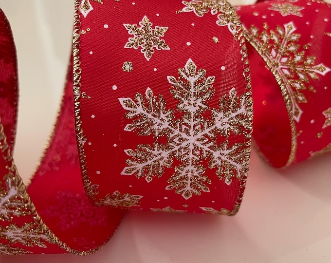 2.5” Glittery Snowflakes Red, White, & Gold Wired Ribbon