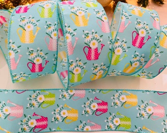2.5” Watering Cans & Flowers Wired Ribbon #157 - Sold By The Yard