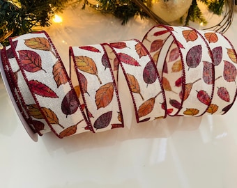 1.5” Fall Leaves Wired Ribbon - 10 Yard Roll
