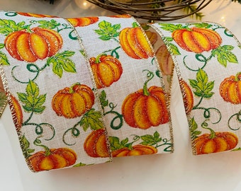 2.5” Pumpkin Sparkle Wired Ribbon: Beige, Orange, & Green #189 - Sold By The Yard