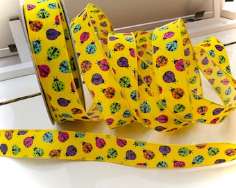 1.5” Colorful Ladybugs Yellow Wired Ribbon #920 - Sold By The Yard