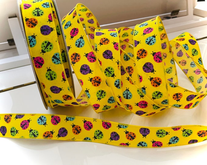 1.5” Colorful Ladybugs Yellow Wired Ribbon #920 - Sold By The Yard
