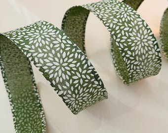 1.5” Olive Green With White Leaves Wired Ribbon - Sold By The Yard
