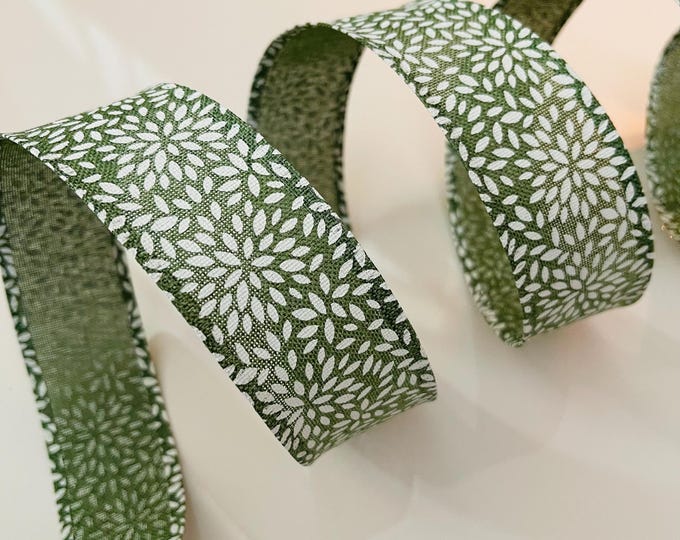 1.5” Olive Green With White Leaves Wired Ribbon - Sold By The Yard