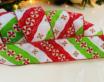 2.5” Peppermint Wired Ribbon: Red, Green, & White - 10 Yard Roll #248