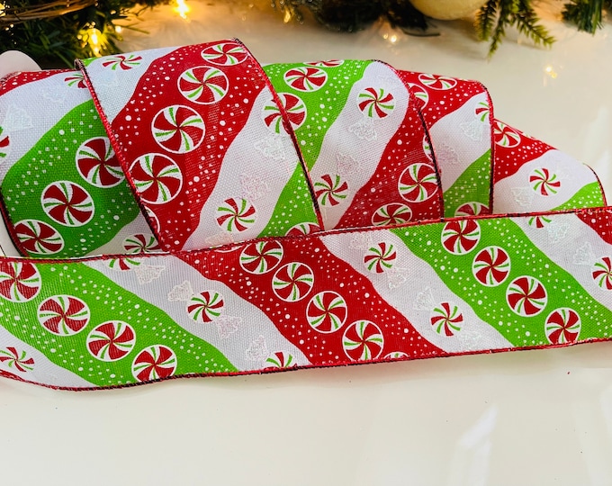 2.5” Peppermint Wired Ribbon: Red, Green, & White - 10 Yard Roll #248