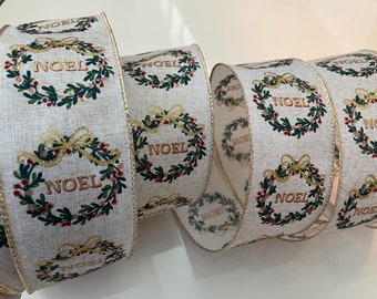 2.5" Christmas Wreaths Noel Wired Ribbon: Gold, Green, Red, Beige, Cream - Sold By The Yard