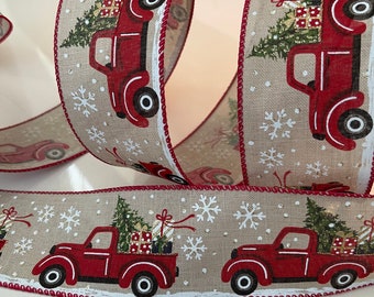 2.5” Christmas Trucks & Snowflakes Wired Ribbon: Red, Green, Beige, White #901 - Sold By The Yard