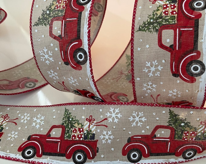 2.5” Christmas Trucks & Snowflakes Wired Ribbon: Red, Green, Beige, White #901 - Sold By The Yard