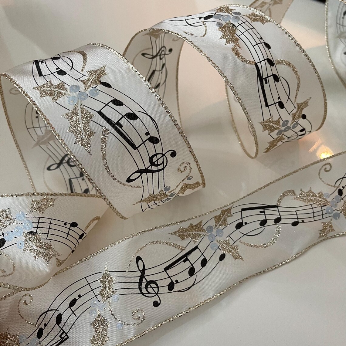 Music Note Ribbon Pattern 2.5” Music Note Wired Ribbon: Glittery Gold, Black, Cream #909 - Sold ...