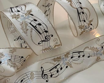 2.5” Music Note Wired Ribbon: Glittery Gold, Black, Cream #909 - Sold By The Yard