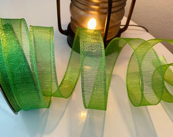 1.5" Sheer Shimmer Green Wired Ribbon #721 - Sold By The Yard