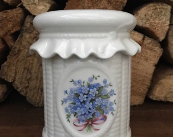 White & Blue Floral Ruffle Top Vintage Cookie Jar