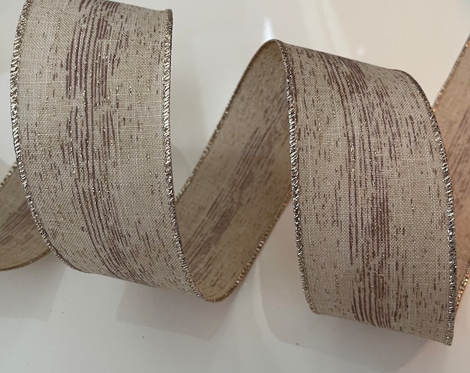 2.5” Wood Grain Wired Ribbon With Gold Glitter Mist #902 - Sold By The Yard