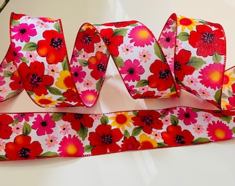 2.5” Red, Pink, & Yellow, Spring Flowers Wired Ribbon #410 - Sold By The Yard