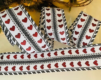10 Yard Roll - 2.5" Glitter Hearts Lines & Dots Wired Ribbon #30