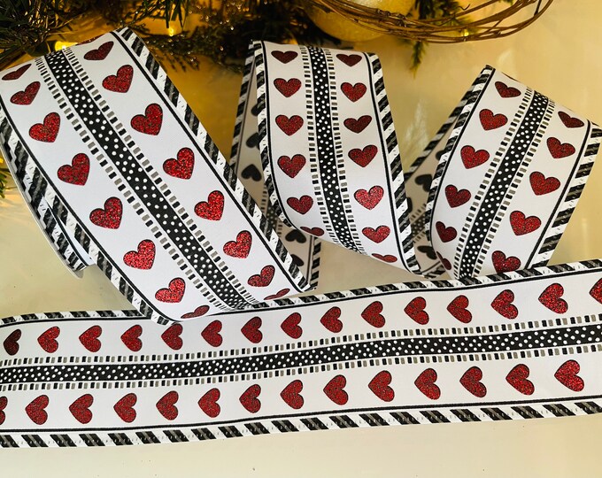 10 Yard Roll - 2.5" Glitter Hearts Lines & Dots Wired Ribbon #30