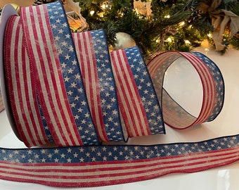 2.5” Rustic American Flag Wired Ribbon: Stars and Stripes #492 - Sold By The Yard