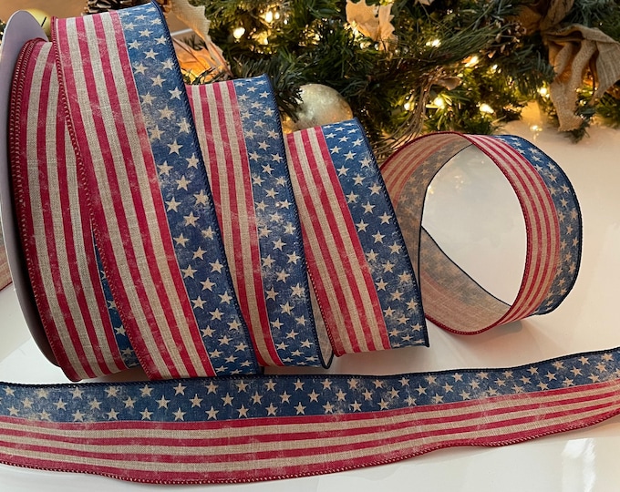 Featured listing image: 2.5” Rustic American Flag Wired Ribbon: Stars and Stripes #492 - Sold By The Yard