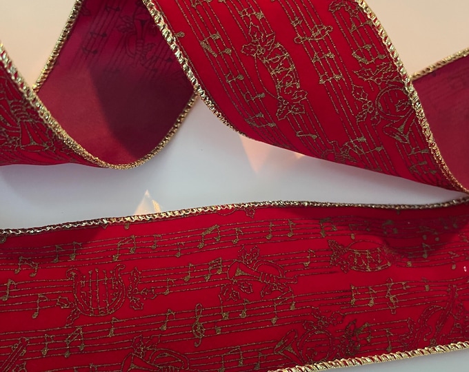 2.5” Vintage Red Velvet & Gold Music Note Wired Ribbon - Sold By The Yard
