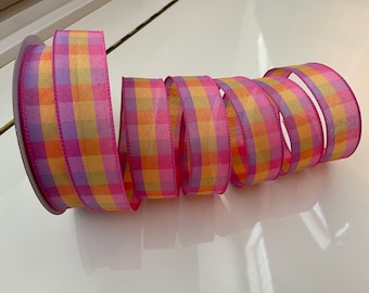 1.5” Orange, Pink, & Purple Plaid Wired Ribbon #233 - Sold By The Yard