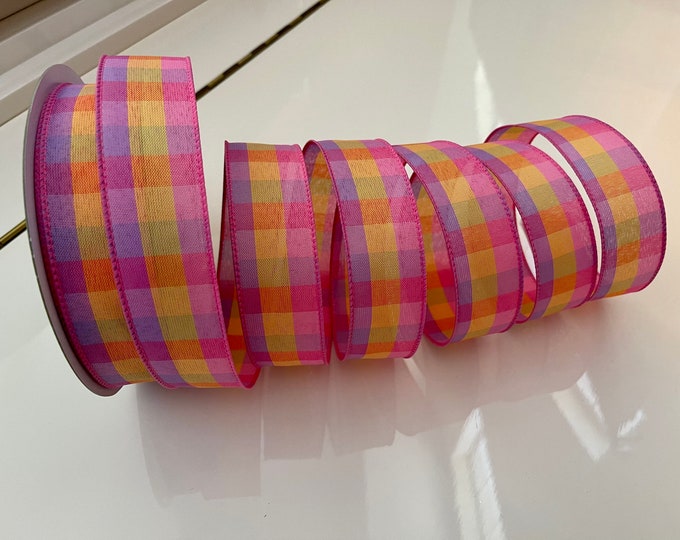 1.5” Orange, Pink, & Purple Plaid Wired Ribbon #233 - Sold By The Yard