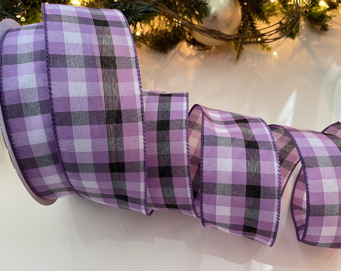 2.5” Plaid Wired Ribbon: Purple, Black, & White #87 - Sold By The Yard