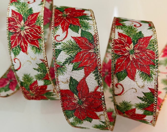 1.5” Sparkly Poinsettia Wired Ribbon: Red, Green, Gold - Sold By The Yard
