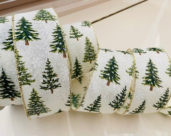 2.5” Snowy Christmas Trees Wired Ribbon #7004 - Sold By The Yard