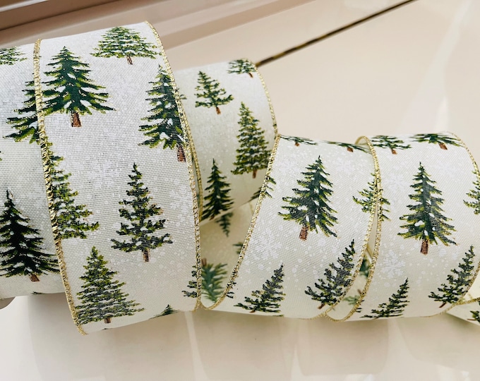 2.5” Snowy Christmas Trees Wired Ribbon #7004 - Sold By The Yard