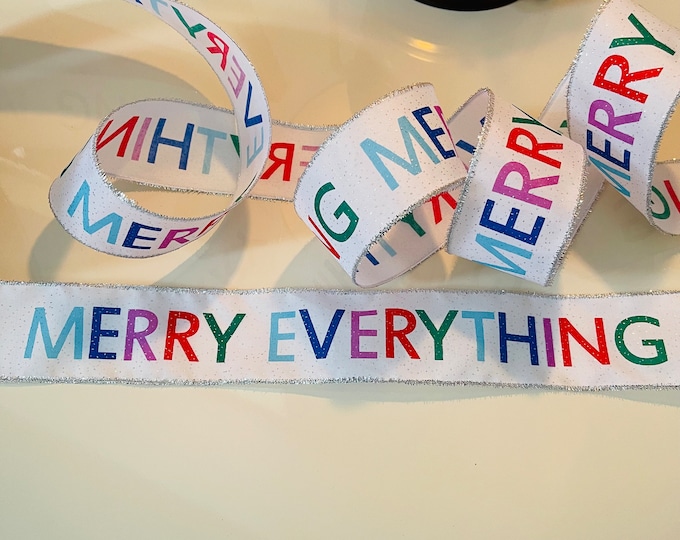 2.5” Colorful Merry Everything Wired Ribbon with Beautiful Silver Edge - Sold By The Yard