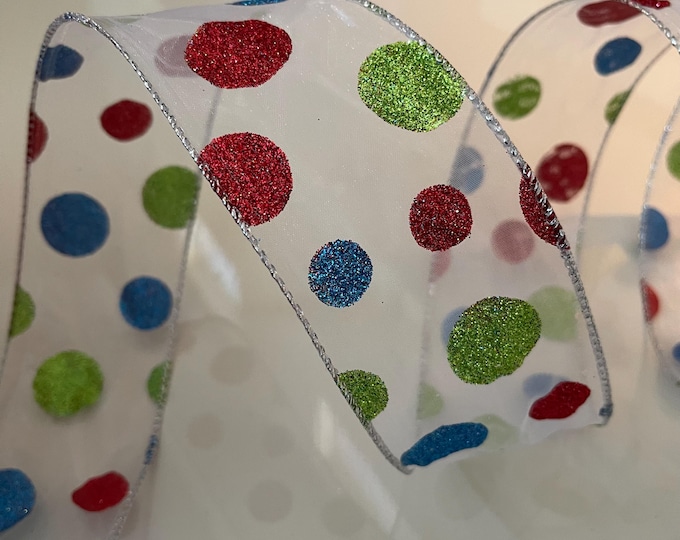 2.5” Pink, Green, & Blue Glitter Dot Sheer Wired Ribbon - Perfect for Gift Wrapping, Wreaths, Decor and Much More!