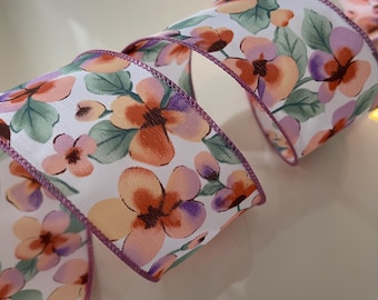2.5” Watercolor Flowers Wired Ribbon Peach & Lavender