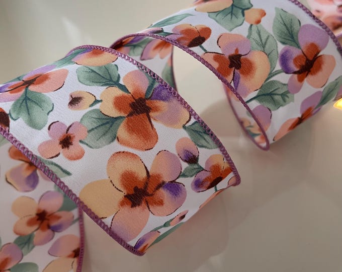 2.5” Watercolor Flowers Wired Ribbon Peach & Lavender
