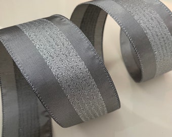 2.5” Gray & Silver Wired Ribbon With Glittery Striped Center - Sold By The Yard