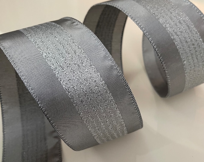 2.5” Gray & Silver Wired Ribbon With Glittery Striped Center - Sold By The Yard