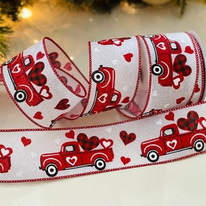 2.5" Valentines Trucks Red & White Wired Ribbon #4497