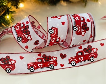 10 Yard Roll - 2.5" Valentines Trucks Red & White Wired Ribbon #4497
