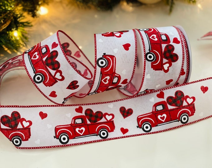 10 Yard Roll - 2.5" Valentines Trucks Red & White Wired Ribbon #4497