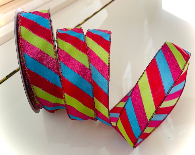 1.5” Striped Shimmer Wired Ribbon: Multi Color #429 - Perfect for Gift Wrapping, Wreaths, Decor & Much More! - Sold By The Yard