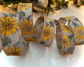 1.5” Burlap Sunflower Wired Ribbon #228 - Sold By The Yard