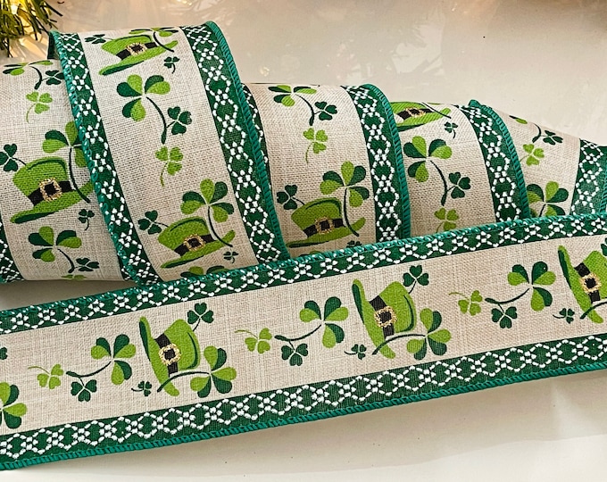 2.5” Green Clovers & Hats Wired Ribbon - Sold By The Yard
