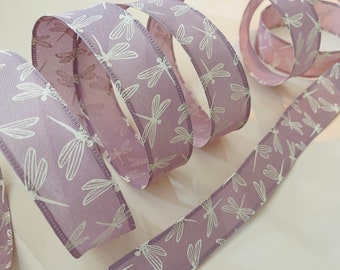 1.5” Mauve Dragonfly Wired Ribbon #913 - Sold By The Yard